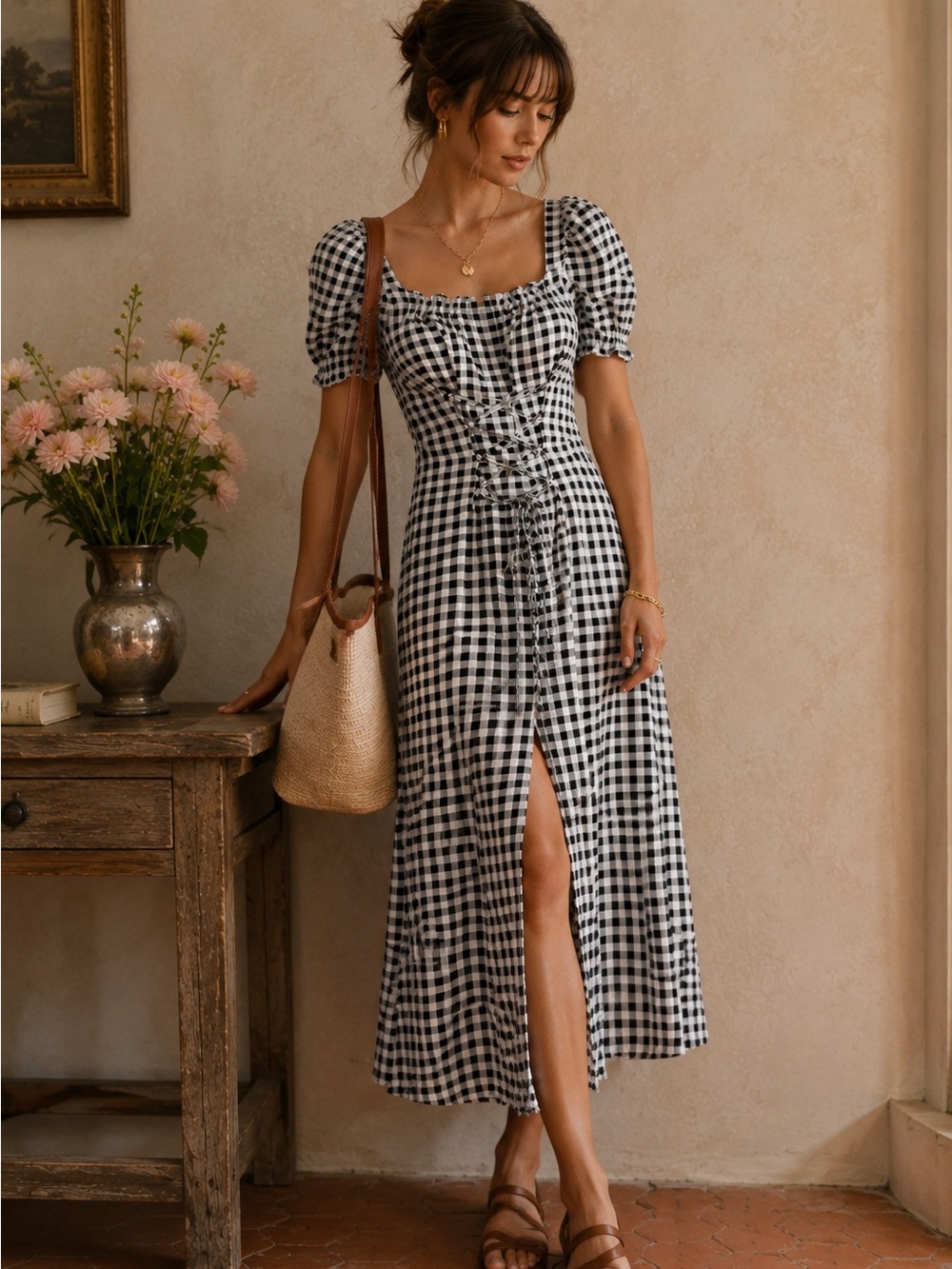 SLEEPER Marquise Vichy 100% Linen Lounge Midi Dress Black White | Size Small